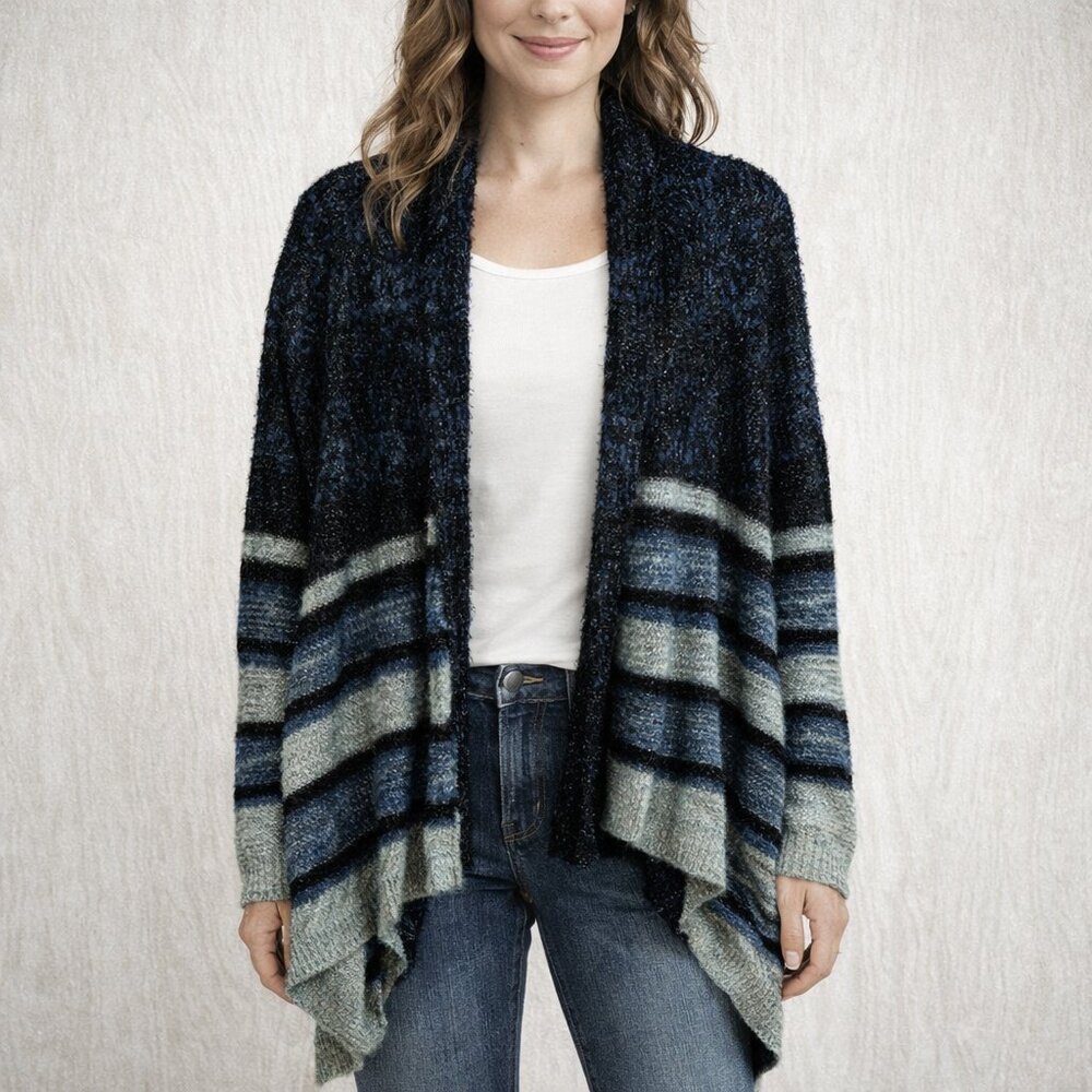 Carol Rose Draped Cardigan Womens S Blue Striped Open Front Knit NWT Boho
